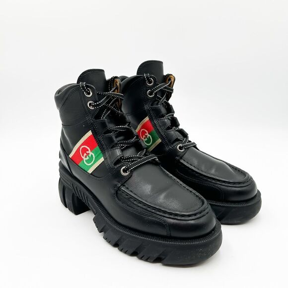 Gucci GG Web Stripe Lug Sole Black Leather Quebec Combat Boots Size 39, 9 - Picture 1 of 12
